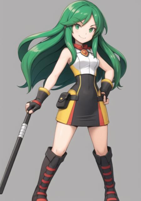 <lyco:RangerChar-08:0.7> 1girl, solo, long hair, smile, skirt, gloves, green eyes, standing, full body, boots, green hair, fingerless gloves, hand on hip,  knee boots, bike shorts., white background