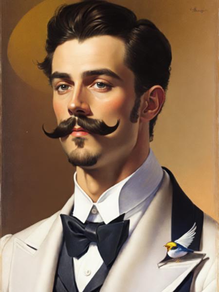 <lora:JohnSingerSargent:1>a painting of a man with a mustache and a bow tie with a bird on his shoulder by John Singer Sargent