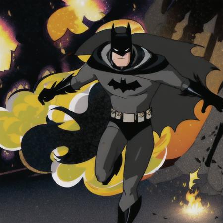 batman,1boy,solo,grey bodysuit,utility belt,black cape,black gloves,white eyes,superhero,masterpiece ,best quality,emerge from fire, embers,<lora:batman:0.75>