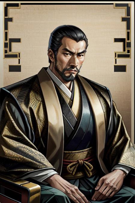 perfect anatomy, perfect proportions, best quality, masterpiece, high_resolution, high quality, art deco poster, a portrait of an Asian man, japanese clothes, ink drawing, inkwash, samurai, ronin, samurai armor, blood, (facial hair, stubble), looking at viewer, eye contact, vibrant, vivid, mature, masculine, handsome, charming, alluring, stardom, glamorous, aesthetic, absurdres, retro, old fashioned, background of fabric with black&gold&tan art-deco abstract geometric patterns, old technicolor film style, film grain, aged film stock, insanely detailed, masterpiece, extraordinary achievement, award-winning, expressionist