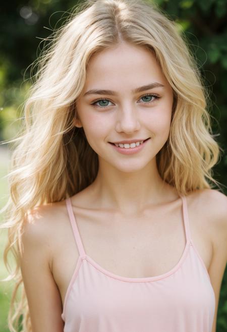 photograph of a 18 year old german girl, blonde, very attractive, long lashes, petite, cute, long hair, curly hair, beautiful face, petite face, youthful face, cute face, nice joyful smile, excited gaze, flushed cheeks, nice contoured youthful cheeks, beautiful nose, perfect nose, small nose, green eyes, perfect round eyes, realistic fine detailed eyes, hyper beautiful eyes, absolute stunning eyes, small body, petite body, large breasts, wearing a pink tank top, nice styled clothes, in summer, lots of sun,  Porta 160 color, shot on ARRI ALEXA 65, bokeh, sharp focus on subject