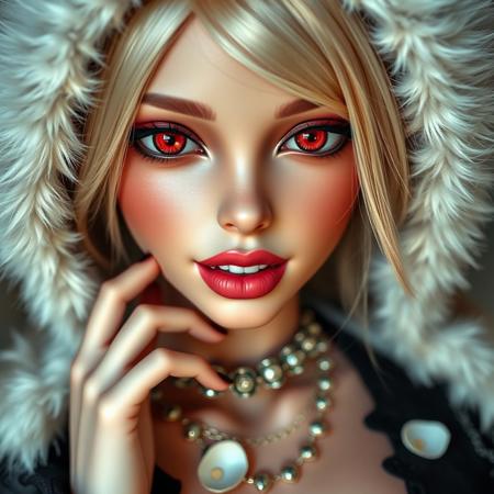 A stunning doll like face close-up of a blonde woman, gothic fashion, with bright red eyes, moist pink lips, smooth skin, fangs, wearing a fluffy animal ear hood, wearing beautiful necklace,wide cleavage,  soft lighting, realistic and delicate facial features, fallen snowpetal,  photorealistic rendering. Natural light interplay on skin,Photorealistic shadow softness, Lifelike hair gloss , Photorealistic color grading, One hand resting on the chin, shoulders slightly hunched, head tilted slightly downwards.