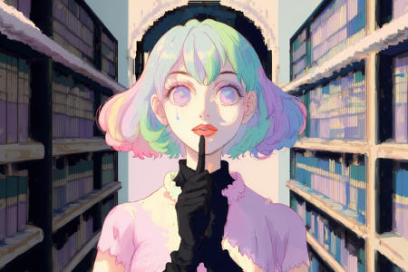 (((masterpiece, high quality, masterpiece,))), woman, glitched face, black gloves, in a library, the bookshelves are twisted, (pastel:1.2), galaxy body, luminescent being floating through space, (glitch:0.8), 