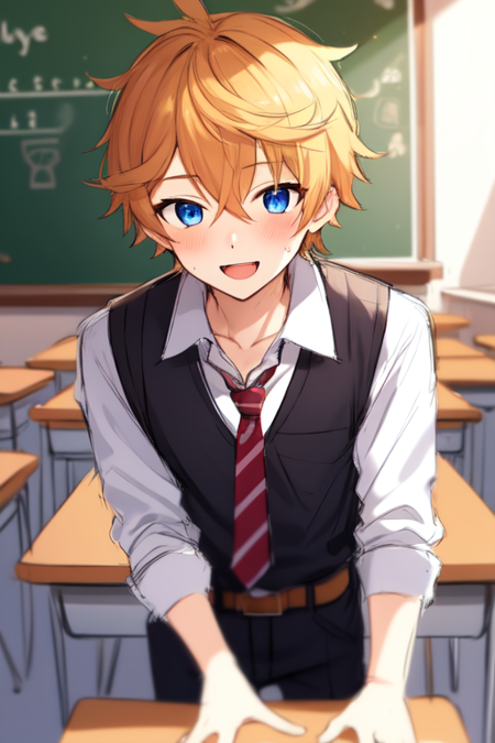 classroom, desk, indoors, necktie,tartaglia, 1boy, male focus, solo,child body,shota,orange hair,hair between eyes,blue eyes, shirt, school desk, smile, white shirt, black hair, yellow eyes, looking at viewer, pants, chalkboard, belt, blush, open mouth, short hair, school uniform, collared shirt,(style:sketch:1.4),