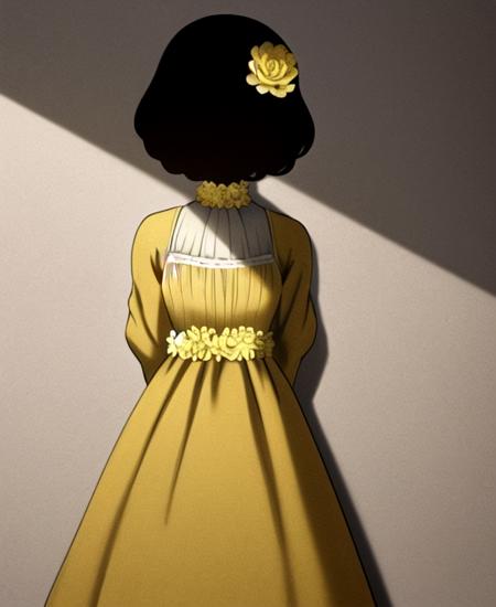Louise shadow person no face yellow dress, frilled dress, hair flower, belt, necklace, yellow flower black shoes
