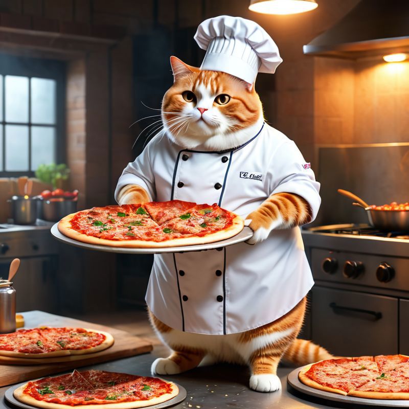 Cat Chef Cooking Pizza in a Kitchen