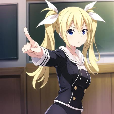 masterpiece, best quality, highres, Arimura, 1girl,  solo,  blonde hair, blue eyes,  collarbone, twintails, school uniform,  hair ribbon, white ribbon,  objection, ace attorney, pointing