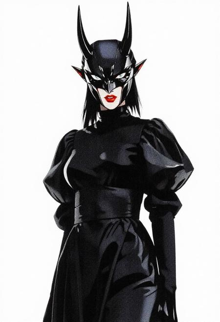 chromecore7X—A female figure stands confidently against a stark white background, dressed in a striking black maid outfit with a brutalist flair, featuring a structured bodice, puffy sleeves, and a short, flared skirt. Her head is adorned with a dramatic devil mask, its eyes gleaming with a mischievous intensity as she faces the camera directly. The mask's horns curve upward, adding to the overall sense of edgy, avant-garde style. The maid's attire is rendered in a matte, dark black that absorbs the light, creating a striking contrast with the pure white surroundings. Her facial features, obscured by the mask, remain enigmatic, while her skin tone is a smooth, porcelain-like complexion. The overall aesthetic is one of dark, high-fashion elegance, with a hint of rebelliousness.