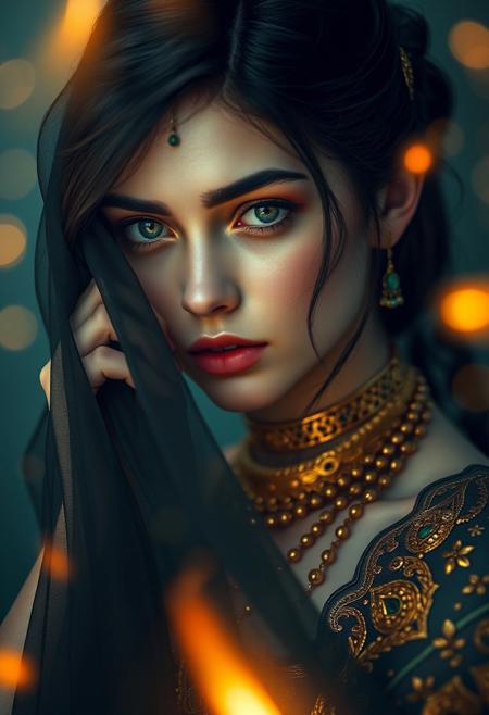 highly detailed cinematic photo , stunning woman with dark hair adorned with metallic chain jewellery interspersed with small green jewels. She has fair skin and striking green eyes. Her expression is serene, and she is partially veiled with a sheer, dark fabric that she holds delicately with one hand. The woman is wearing golden necklaces and a garment embellished with gold design of sequins, reflecting light. The background is a soft blur of warm, glowing bokeh lights, creating a dreamy and ethereal atmosphere. The overall color palette is rich with deep blues, golds, and subtle hints of green, enhancing the mystical and elegant style of the artwork.Embers float in the air, creating a mystical and intense atmosphere, anime, cyberpunk, mythp0rt. Cinematic style, realism, cinematic quality, WLOP, WLOP style