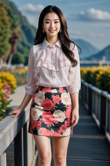 ((Masterpiece, best quality, cinematic lighting, 8k, full body shot, long hair)), (smile:0.85), (realistic scenic background)
<lora:Ruffled_Office_Dress_By_Stable_Yogi:0.8> ruffled shirt, floral print pencil skirt