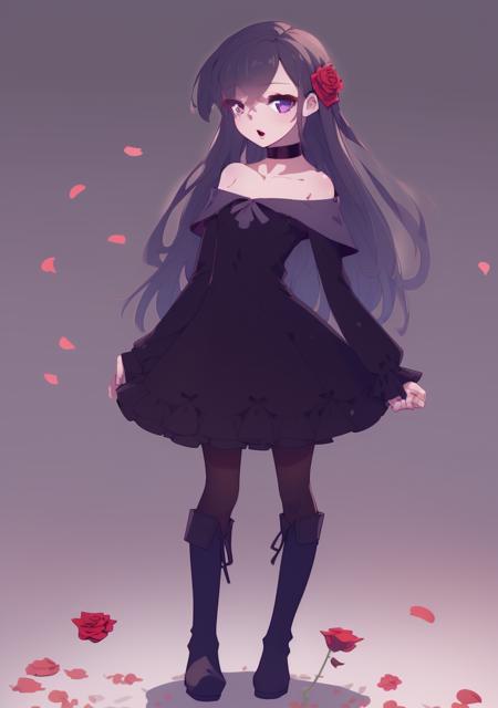 1girl, solo, dress, holding, black dress, boots, pantyhose, full body, rose, flower, black footwear, looking at viewer, purple eyes, bangs, long sleeves, standing, frilled dress, frills, puffy sleeves, long hair, off shoulder, ribbon, off-shoulder dress, bare shoulders, choker, blurry, parted lips, knee boots, petals, bow, red flower, grey hair, black hair, open mouth
<lora:ä»æ²¢-02:1>