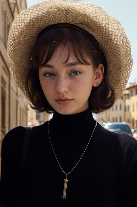 (closeup:1.2) Portrait of pretty young (18-year-old) Caucasian (futuralacylotus4825v5) ((Seductive gaze towards the camera, holding a hat.:1.07)), outdoor, BREAK ( Retro Beehive: A glamorous and voluminous updo with a high crown, creating a retro-inspired look.), no makeup, ((long intricate stone necklace)), ((high neck minimalist cashmere sweater)) , <lora:epi_noiseoffset2:1.2> BREAK (magazine cover:1.10), BREAK (masterpiece, extremely detailed skin, photorealistic, heavy shadow, dramatic and cinematic lighting, key light, fill light), sharp focus, BREAK location is (outdoor Florence, Italy),  <lora:ClothingAdjuster3:-0.6>,