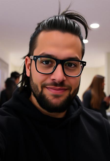 Selfie of a 32 year old male, attractive face, white, American, [Mexican], long dark hair up in a ponytail, [sad eyes], brown eyes, small nose, full lips, nice groomed beard, iphone camera picture, digital photograph, black rectangle glasses. confident face, [smille]