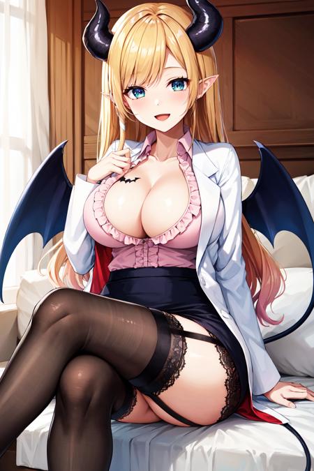 masterpiece, best quality, highres, 1girl, yuzuki choco, virtual youtuber, horns, breasts, thighhighs, blonde hair, long hair, pointy ears, blue eyes, garter straps, wings, cleavage, skirt, breast tattoo, pink shirt, demon horns, tattoo, lace-trimmed legwear, shirt, demon girl, bangs, demon wings, lace trim, black thighhighs, demon tail, black skirt, pencil skirt, tail, frills, frilled shirt, white labcoat, coat, <lora:yuzuki_choco_v1:0.6>, smile, open mouth, sitting, crossed legs,