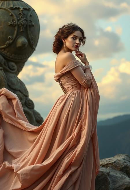 A noblewoman in flowing robes, cinematic romanticism, rococo elegance, narrative intimacy, vintage fashion, theatrical composition, soft lighting, melancholic atmosphere, poetic sensuality, pastel and muted tones, elegant body language, dramatic sky backdrops, wistful expressions, baroque detailing, gentle brushwork, longing and desire, lovers in nature, painterly nostalgia, timeless romance, stylized figuration, emotional subtlety