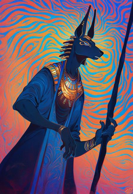 score_9, score_8_up, score_7_up, Ancient Egyptian god with jackal head, anthro, dark green skin, heavy necklace, Egyptian clothes, holding up a spear in front of a churning cosmos, psychedelic occult signs and runes, exaggerated, skinny, radiating power,
from below, dutch angle, exaggerated,