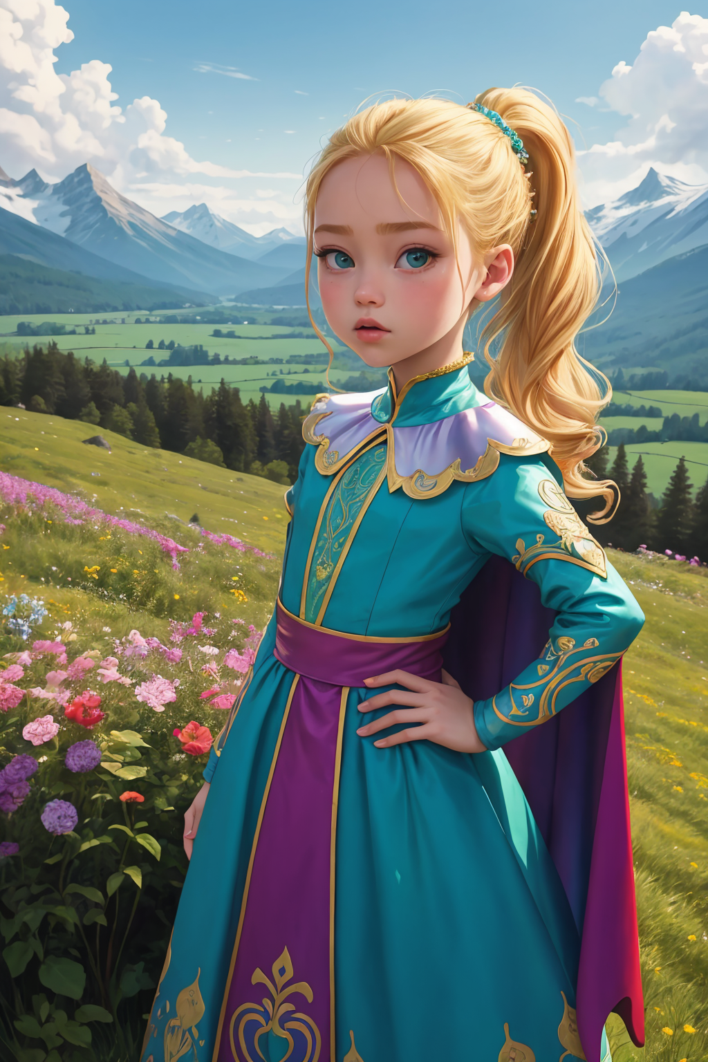 zrpgstyle, AS-YoungerV2 DollieNobodySD15 medieval child princess teal dress, elaborate, ornate, adventurer cape, (blonde h...