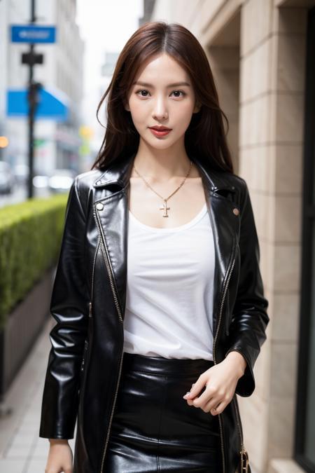 leather coat,white shirt,1girl,sexy pose,best quality,masterpiece,illustration,an extremely delicate and beautiful,CG,unity,8k wallpaper,Amazing,finely detail,masterpiece,official art,extremely detailed CG unity 8k wallpaper,incredibly absurdres,huge filesize,ultra-detailed,highres,extremely detailed,beautiful detailed girl,realistic,full frontal,outdoors,necklace,leather skirt,<lora:jincheng_20230808011656:0.8>,