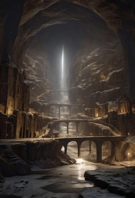 <lora:JJsUnderGroundBuilding_XL:1>,   ((UnderGround Building)), ((masterpiece)), ((best quality)), scenery, real world location,  realistic, dramatic lighting, high detailed, center composition, ,scenery, dramatic lighting, best quality, hyper detailed, ultra detailed, ultra high definition, 8k, super sharp focus, golden ratio, great detail of textures, night,sky, building,  indoor lighting,road,ice, river, mountain, bridge, moon, blizzard, torch, snow,