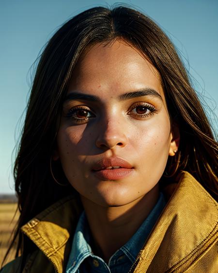 AdriaAchz, (intricately detailed:1.2) RAW photo of a female rancher, (medium close-up), face focus, wearing a cowgirl outfit, denim and flannel under a fringe-trim jacket, artistic composition, standing near an old barbed-wire fence on the Western Kansas plains, expansive emptiness, languid loneliness, (contemplative pose), volumetric lighting, high resolution, (masterpiece, best quality:1.5), <lora:+ Unhorny_(-3.0-4.0) v01:1.5>,