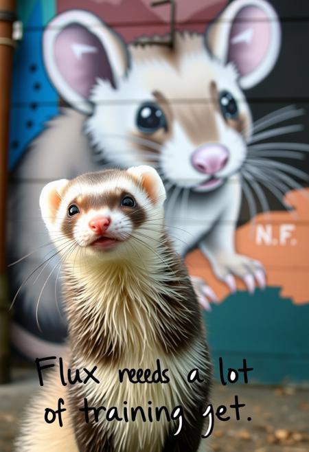 a ferret in front of a mural of a mouse with the text "Flux needs a lot of training yet" in a handwriting font