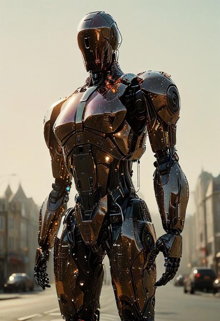 analog photo, cs-cr1stal-v2, Silhouette of a giant faceless golem robot made of jewelry, in backlight, sparkles, shimmer, hunchback, solo, Walking toward camera, retro color, fog, Unmanned, no human, Sunset, Evening, city, from below, extremely detailed,