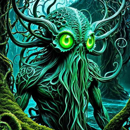 masterpiece, high score, great score, absurdres, 
Organic macabre Cthulhu , green glowing eyes, pulsating veins, iridescent, decomposing, slimy, ocean, bioluminescent,  fungal growths, slime, dripping, terrifying,
 organic macabre, pulsating muscle textures, asymmetrical growths, overgrown vines through flesh, veiny tendrils, haunting beauty, decayed biohorror, corrupted nature, dark fantasy, surreal, intricate design,
