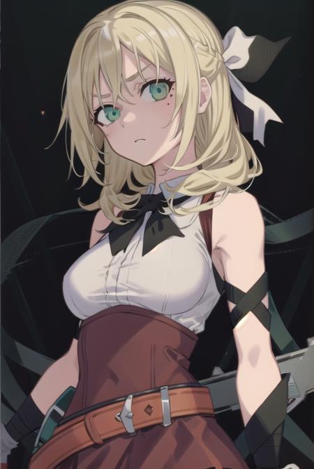 estellerosenthal, <lora:estellerosenthaltest:1>, estelle rosenthal, long hair, blonde hair, (green eyes:1.5), mole, mole under eye, black ribbon, black bow, hair ribbon,
BREAK skirt, shirt, thighhighs, gloves, bow, ribbon, bare shoulders, white shirt, sleeveless, belt, black thighhighs, miniskirt, bowtie, sleeveless shirt, red skirt, garter straps, red gloves, high-waist skirt, pink gloves,
BREAK looking at viewer,
BREAK outdoors, city,
BREAK <lora:GoodHands-vanilla:1>, (masterpiece:1.2), best quality, high resolution, unity 8k wallpaper, (illustration:0.8), (beautiful detailed eyes:1.6), extremely detailed face, perfect lighting, extremely detailed CG, (perfect hands, perfect anatomy),