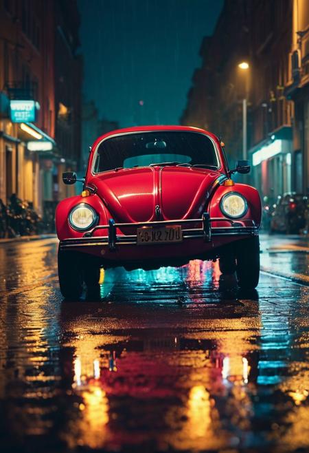 cinematic still, a volkswagen beetle driving on a city street at night, neon light reflecting on the wet streets, headlights illuminating the scene and casting a warm glow on the wet pavement <lora:MoreArtFull_v1:1>, emotional, harmonious, vignette, highly detailed, high budget, bokeh effect, cinemascope, moody, epic, gorgeous, film grain, grainy