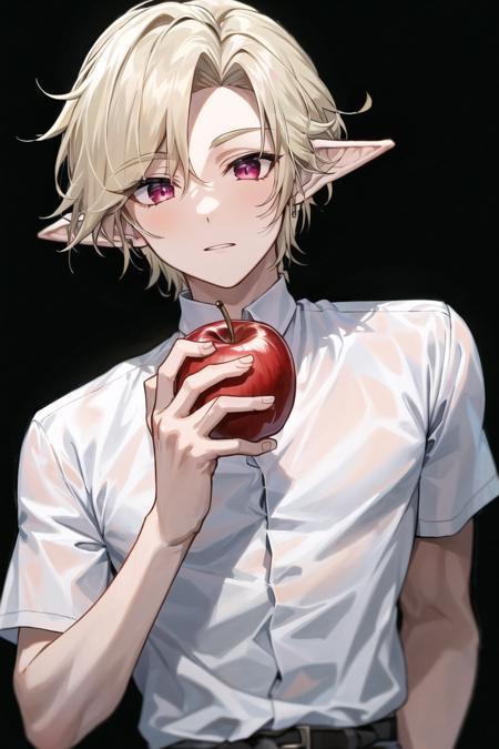 masterpiece, best quality, DarkLinkV4, solo, 1boy, holding, male focus, food, fruit, colored skin, holding food, black background, apple, holding fruit, <lora:DarkLinkV4-09:0.8>