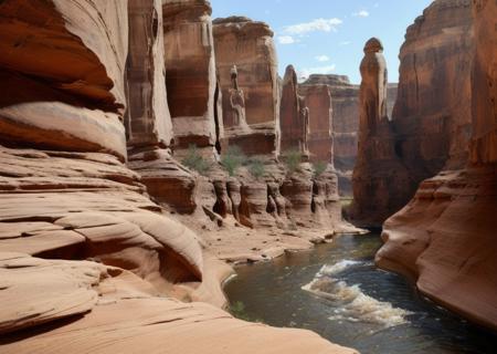 fantwest, a western landscape with large rock formations a canyon and a river running through it, realistic, highly detailed