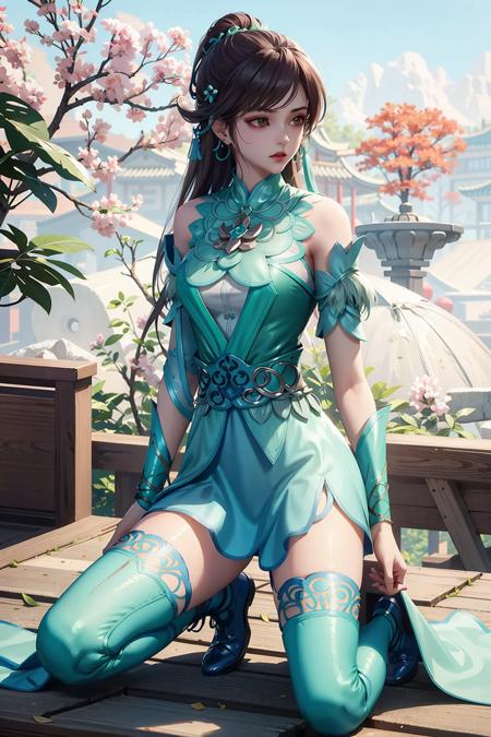 <lora:Ling QingShu:0.8>,Ling QingShu,1girl,kneeling,green dress,brown hair,solo,hair ornament,earrings,jewelry,thighhighs,chinese clothes,, (masterpiece:1.3), (best quality:1.3),