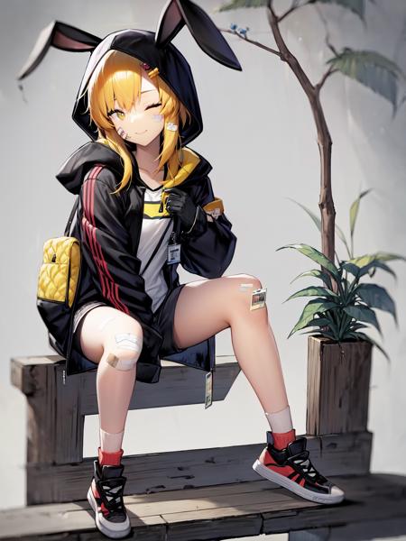 <lora:xia-000001:1>, 1girl, animal_ears, bandages, bandaid, bandaid_on_cheek, bandaid_on_face, bandaid_on_knee, bandaid_on_leg, bangs, black_shirt, black_shorts, yellow_hair, closed_eyes, closed_mouth, full_body, gloves, hair_ornament, holding, hood, hood_down, hooded_jacket, id_card, jacket, long_sleeves, open_clothes, open_jacket, rabbit_ears, shirt, shoes, shorts, simple_background, smile, socks, solo, standing, white_background