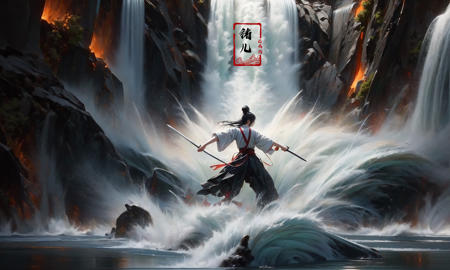 (dramatic, gritty, intense:1.4),masterpiece, best quality, 8k, insane details, intricate details, hyperdetailed, hyper quality, high detail, ultra detailed, Masterpiece,
2girlsholding weaponholding swordduelbattlemidairsingle hair bunblack hairlong hairhair bunlooking at another
outdoorswaterfallwater in the flowingwavessplashingHanfu(Real waterRealistic waterflowing water:1.5)ripples
A shot with tension(sky glows red,Visual impact,giving the poster a dynamic and visually striking appearance:1.2),Chinese Zen style,impactful picture,
<lora:~Q?-p^k{eWaterfall:0.7>