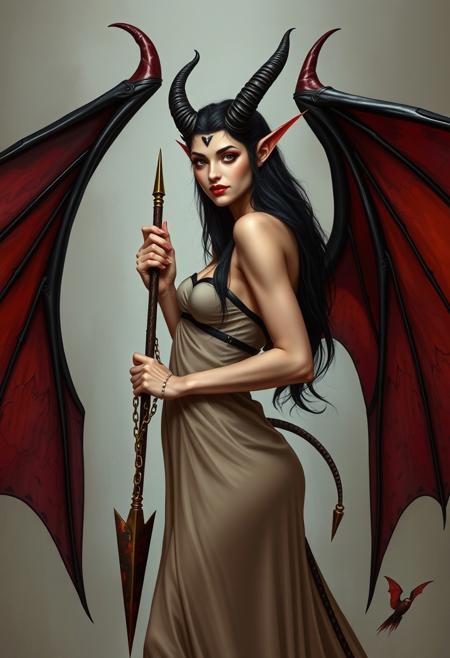 This statuesque beauty wears a sardonic smile on her ruby lips. Curved horns jut from her brow and hold back her long dark hair—and her eyes smoulder with dangerous red sensuality. Large leathery wings stretch from her back, the joints of which are laced with razorlike claws, and a sinuous tail ending in a thin curved spike completes the image of demonic beauty. She wears a revealing gown of diaphanous silk and razor-studded leather straps, and she idly toys with a glittering and sparkling scourge made of fine adamantine spiked chains. 
Malcanthet is described as an incredibly beautiful human-like female with bat-wings, horns, and a long prehensile tail tipped with a spike-like stinger.
