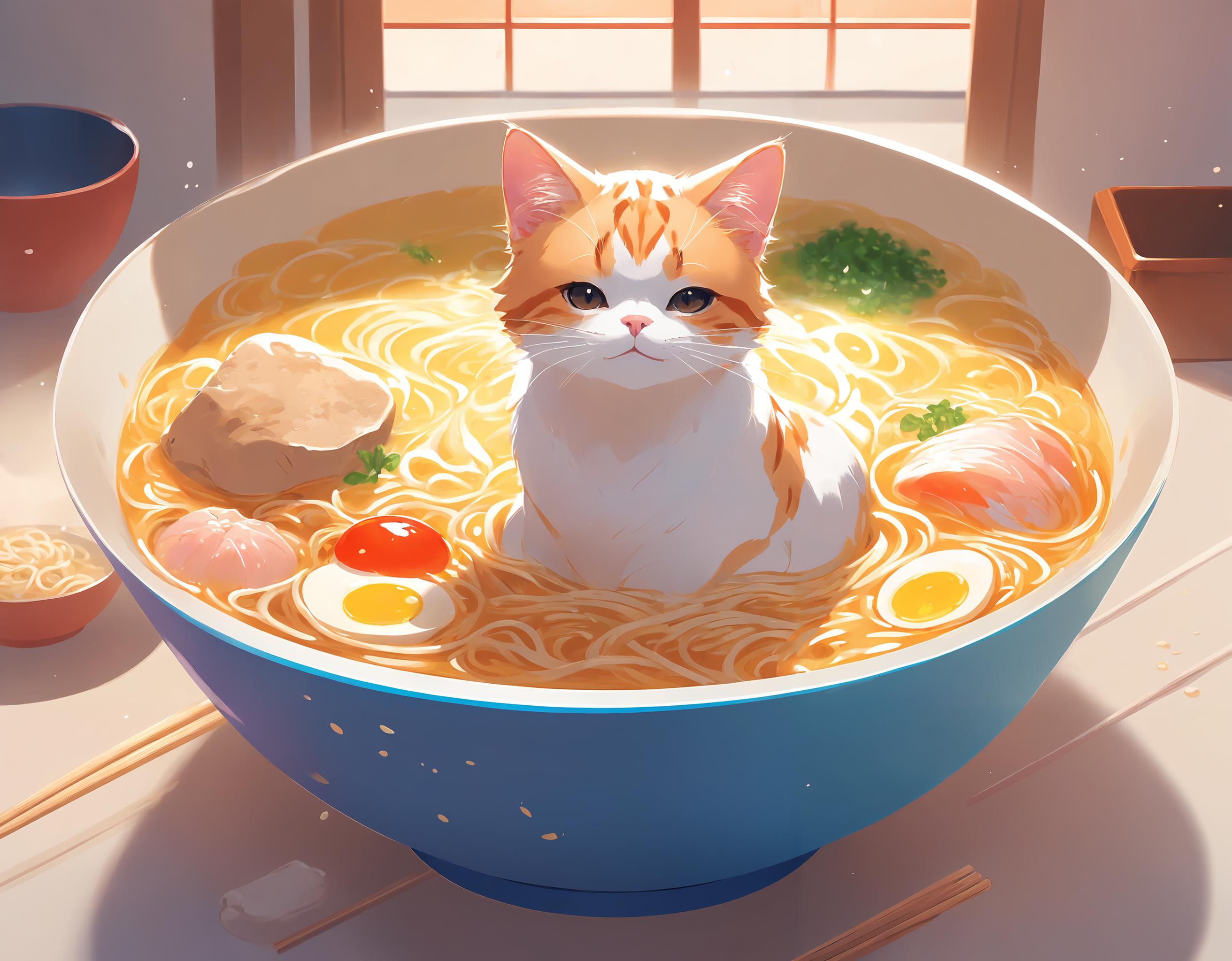 A cartoon image of a cat sitting in a bowl of noodles.