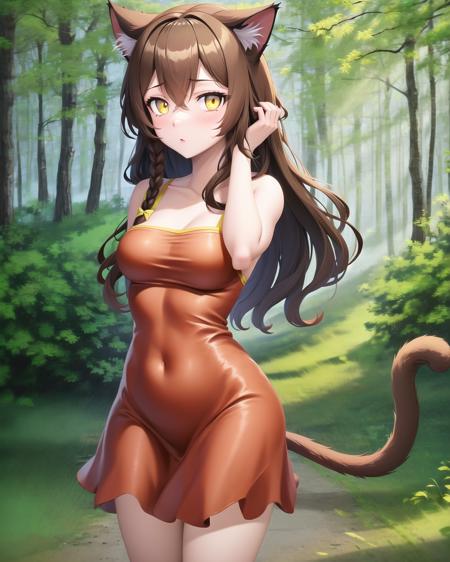 YVAO, 1girl, animal ears, braid, brown hair, cat ears, hair between eyes, long hair, looking at viewer, medium breasts, solo, tail, yellow eyes, red dress, cat girl, cat ears, outdoors, forest, night