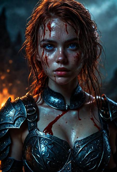 Ultra detailed digital art masterpiece Warrior girl dressed in a iron Armor, Standing on a bloody and stormy battlefield, standing in combat pose, dark fantasy medieval Town, perfect lighting, beautiful Sadie Sink as Warrior girl, attractive woman, elegant, unreal engine 5 nanite quality, mixed with dark elements, dark environment, very dark night, clean dark velour witch clothing, LOTR style, dark washed out eyeliner, no make up, natural bloody face, realistic blue eyes, ultra detailed atmospheric details, beautiful glowing effects, sparkle effects, realistic body proportions, beautiful face proportions, complex masterpiece, wavy red hair, creative glowing detailed tattoos, complex physics, enhanced colors, complimentary colors, ultra detailed raytracing reflections, Ultra detailed complex background, environment feels alive, direct eye contact, dramatic lighting, wet and sweaty skin, beautiful firm Breasts, Concept art portrait by Greg Rutkowski