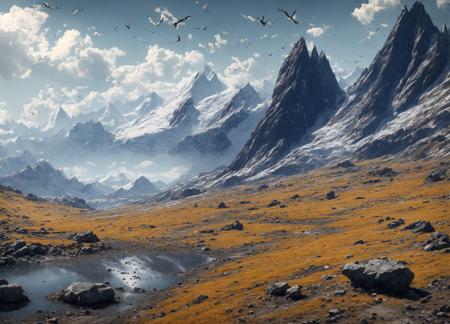 enviromentart, no humans, scenery, outdoors, rock, bird, sky, cloud, mountain, day, concept art,  <lora:environmentart:0.8>