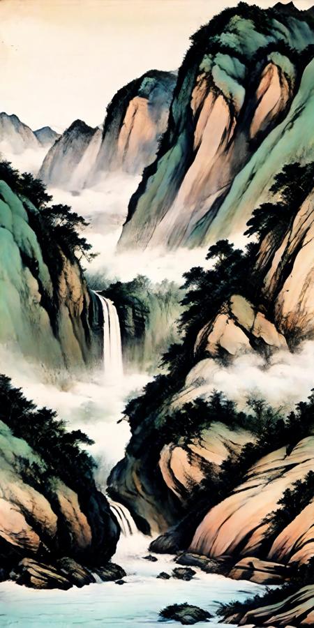 hezi, landscape painting, ancient painting texture, scenery, mountain, tree, outdoors, water, nature, no humans, landscape, river, cloud, sky, fog, cliff, traditional media, waterfall, forest, rock, lake, cloudy sky, solo, bird, 1girl, long hair<lora:å±±æ°´ç»:0.6>