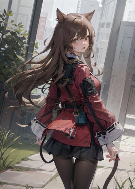 (dutch angle), (intricate details), colorful, (faux traditional media), from behind, looking back,
<lora:skyfire_04:0.9>, skyfire \(arknights\), arknights, black blazer under red jacket, cat ears, cat tail, pantyhose, black skirt, black necktie, white collared shirt, brown hair, anime nose, messy hair, unkempt, happy,
outdoors, (overgrown), scenery, ruins, town, alley,