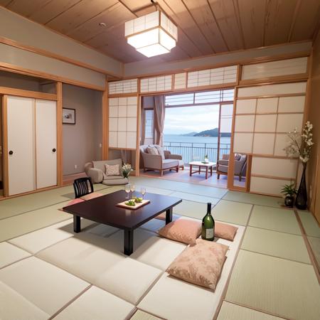 ryokan, scenery, table, chair, indoors, window, sliding doors, shadow, tatami, door, realistic,