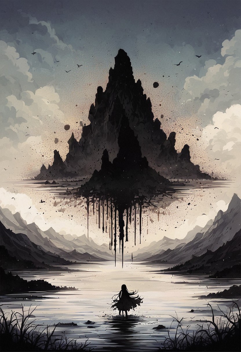 score_9, score_8_up, score_7_up, score_6_up, source_anime, ink splats, 1girl, silhouette, long hair, wind, mountains, clouds, river, valley