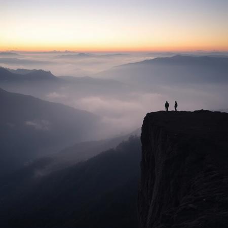 A vast, misty landscape at dawn, with mountains fading into the distance, symbolizing the expansive, emotive quality of post-rock music, with soft, ethereal lighting and a lone figure standing on a cliff, contemplating the view, dreamlike atmosphere, muted colors.