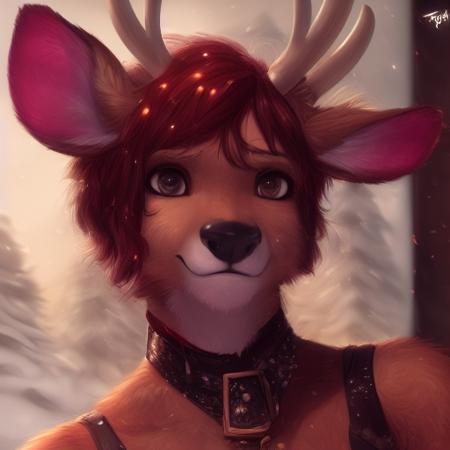 on e621, explict, by (Personalami) ,Ruan Jia, Pino Daeni, chunie, darkgem, anthro, male, Reindeer, ((cervid)), ((detailed face)), (((detailed fluffy)), detailed realistic painting, (((shaded))) extreme detail, (pinup), solo, christmas, lights, close up of face