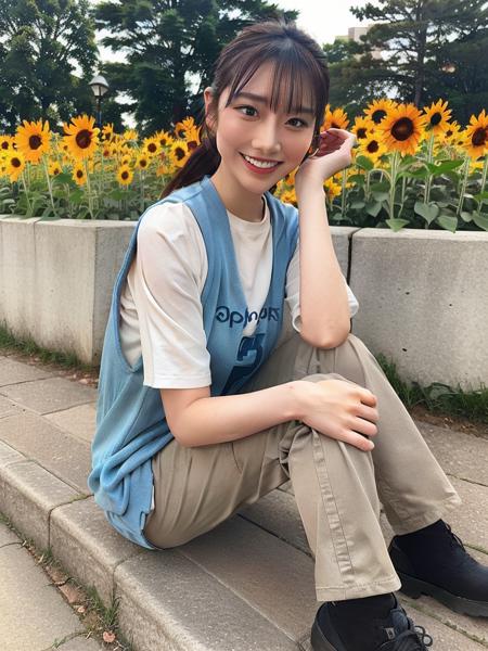 flower, 1girl, sitting, sunflower, ponytail, smile, pants, brown hair, realistic, outdoors, looking at viewer, shirt, solo, ground vehicle, photo background,<lora:Saika_Kawakita_v10:0.8>