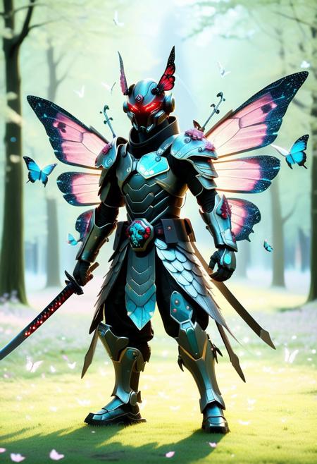 butterflyStyle, A cyber-shogun forged from Butterfly Tech, his obsidian armor now a living exoskeleton of interlocking wing-plates that shimmer with iridescent circuitry. The demonic dog mask helmet blooms with holographic antennae, its surface alive with fluttering wing-hud displays. His crimson eyes project targeting reticles composed of swirling nano-butterflies.  
Twin energy katanas hum with vibrating wing-particles along their blades, each strike leaving trails of prismatic afterimages. The sheath reforms as a liquid-metal chrysalis that births fresh blades when drawn. His red ponytail unravels into strands of living wing-filaments when moving, while shoulder armor sprouts defensive wing-barriers mid-combat.  
Neo-Tokyo's sakura trees now grow fiber-optic branches, their "blossoms" actually drone butterflies forming tactical arrays. Cherry petals in the wind transform into floating interface elements. The ground beneath him ripples with reactive wing-glyphs that anticipate his footwork.  
Gloves morph into articulated wing-gauntlets with retractable talons dripping liquid light. Every exhale releases clouds of bioluminescent scales that form temporary armor enhancements. His fangs gleam with data-venom that crystallizes into wing-shaped shuriken when ejected. The fusion of ancient bushido and butterfly-tech creates a warrior whose very presence alters reality.
