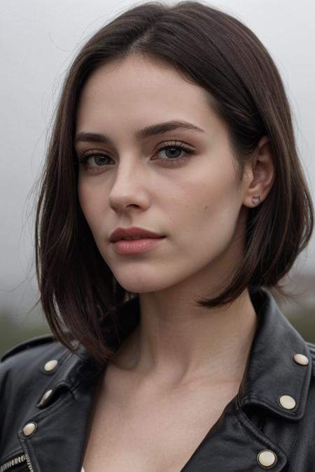 best quality, ((masterpiece)), hdr, detailed, 1 woman, 30 years old,  natural breasts, stunning innocent symmetry face, perfect body, medium breasts,cleavage; 0.6 (high detailed skin:1.4), glowing eyes, goddess, natural skin texture, shiny skin, Beautiful detailed face, detailed face, real skin texture, cute delicate face, finely detailed face, golden ratio, golden ratio face, expressive eyes, perfect face, perfect skin, flawless face, clear face, shiny hair, Proper body proportion, perfect anatomy, realistic skin texture, luscious lips, glossy lips, natural makeup, beautiful bright pupils, intricate eyes, detailed pupils, detailed face and eyes, long eyelashes, blush, good hand, perfect hands, pretty face, finely detailed skin, oily shiny skin:0.4, ((hourglass shaped body)) (baddie look:1) (wearing a short leather jacket) wearing a short tank top: 1, distressed blue denim shorts, studded boots, fishnet tights, statement belt, and silver jewelry)  hot, smiling, love look, laser lit, vaporwave pink gradient background, high energy scene, heavy and scattered shadows, perfect lighting, clear depth and texture separation, brilliant and balanced composition, best quality, high contrast, bright and vivid color, dynamic presence and dramatic energy, a magical moment, flawless image, crisp and intricate detail, artistic perspective, (fog background effects), diffused neon glow,  SkinHairDetail   <lora:more_details:0.8> style of Sandra Chevrier , style of Tyler Shields <lora:MJ52:0.8>  That Girl trend