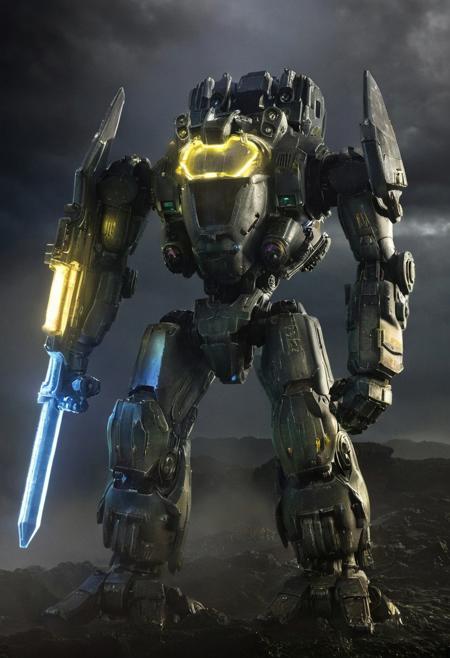 Pacific Rim Mecha, futuristic, holding Halo energy blade, Streamlined Design, Smooth, Humanoid mecha, in the eye of a deep sea storm, dark atmosphere, very realistic photography, full body,