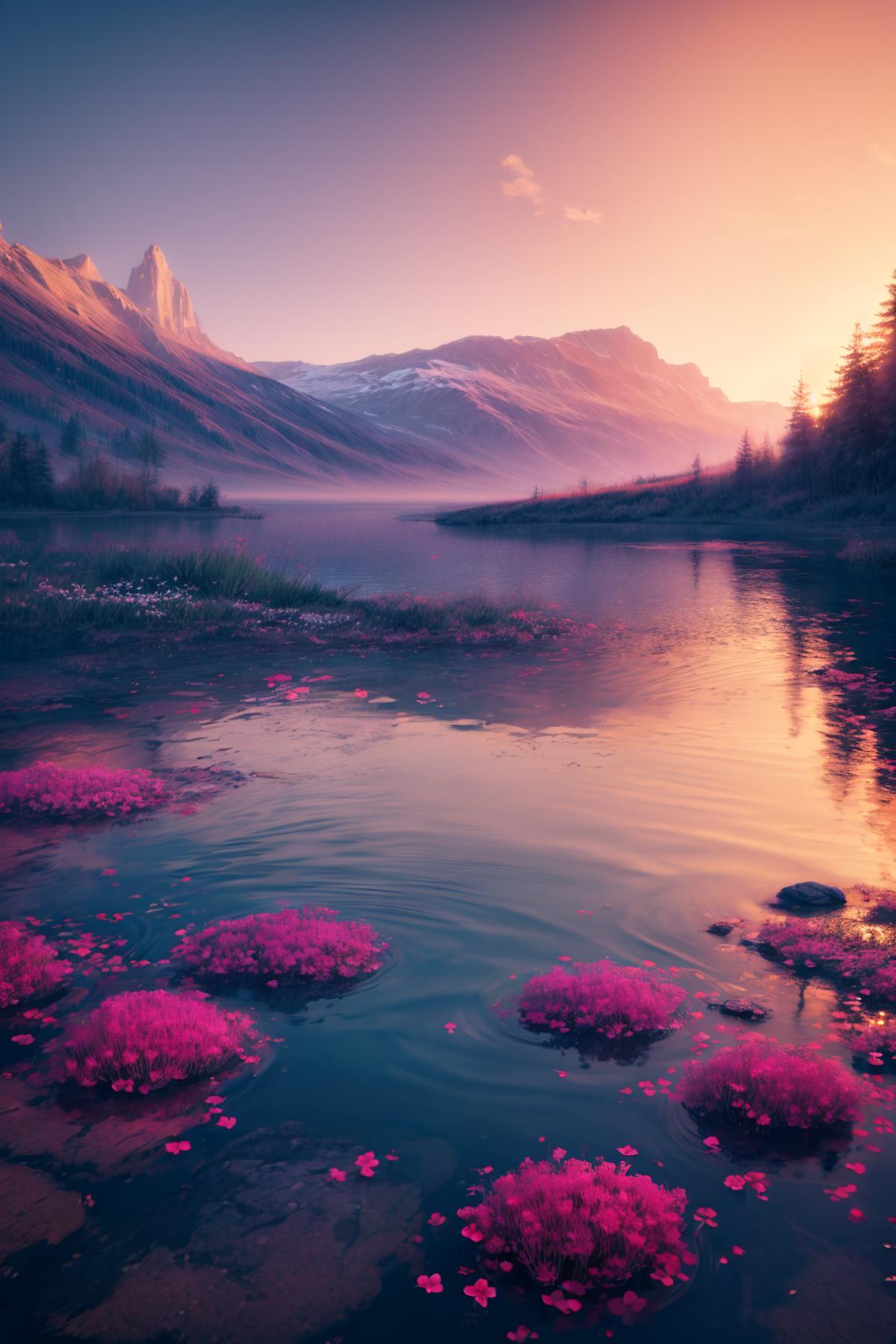 A serene scene of a large lake with mountains in the background, surrounded by purple flowers and trees.